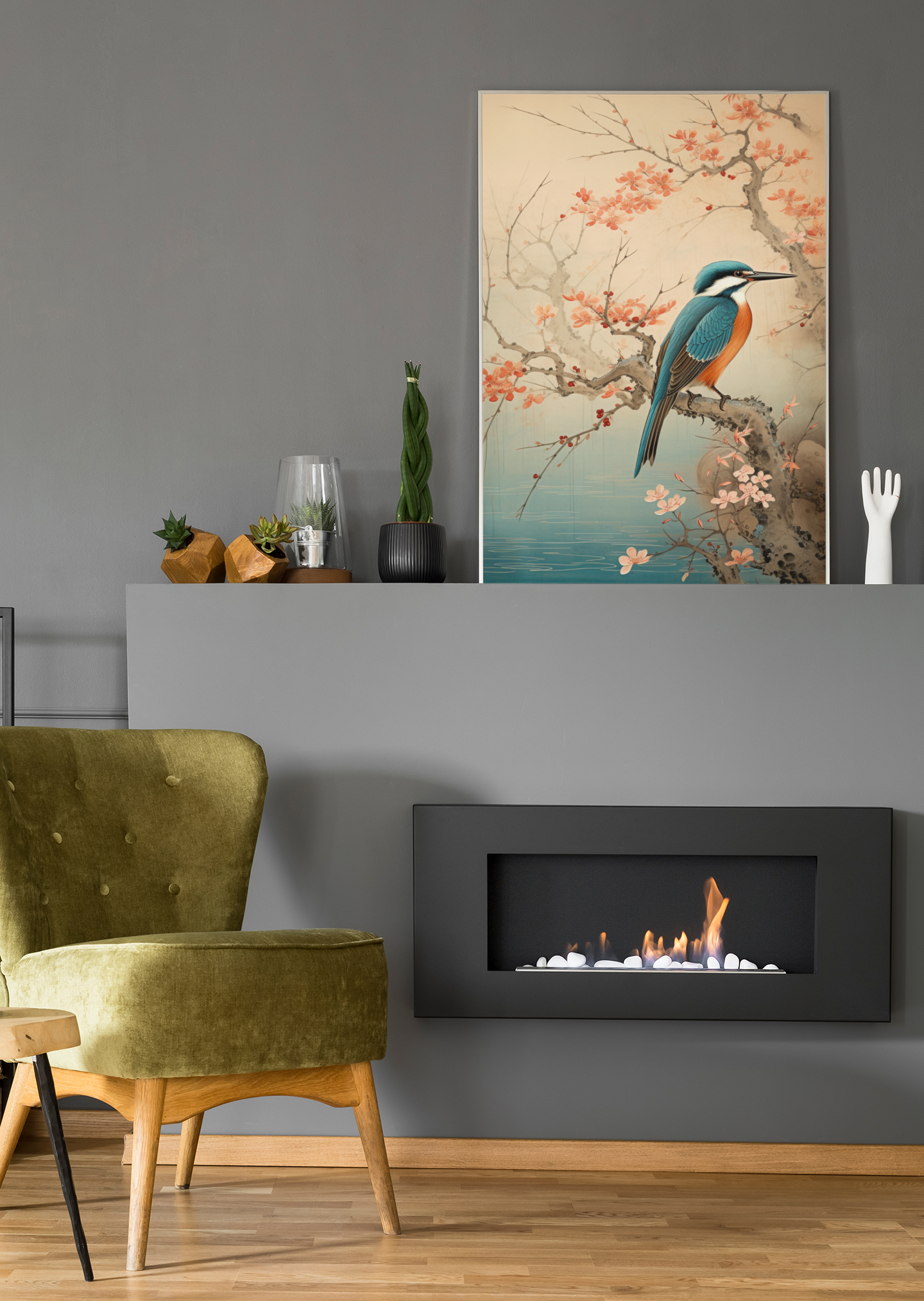 Japanese Style Sakura Tranquility Kingfisher Wall Art