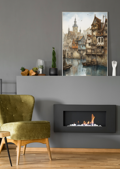 Charming Old Town Upon River Scene Wall Art Design