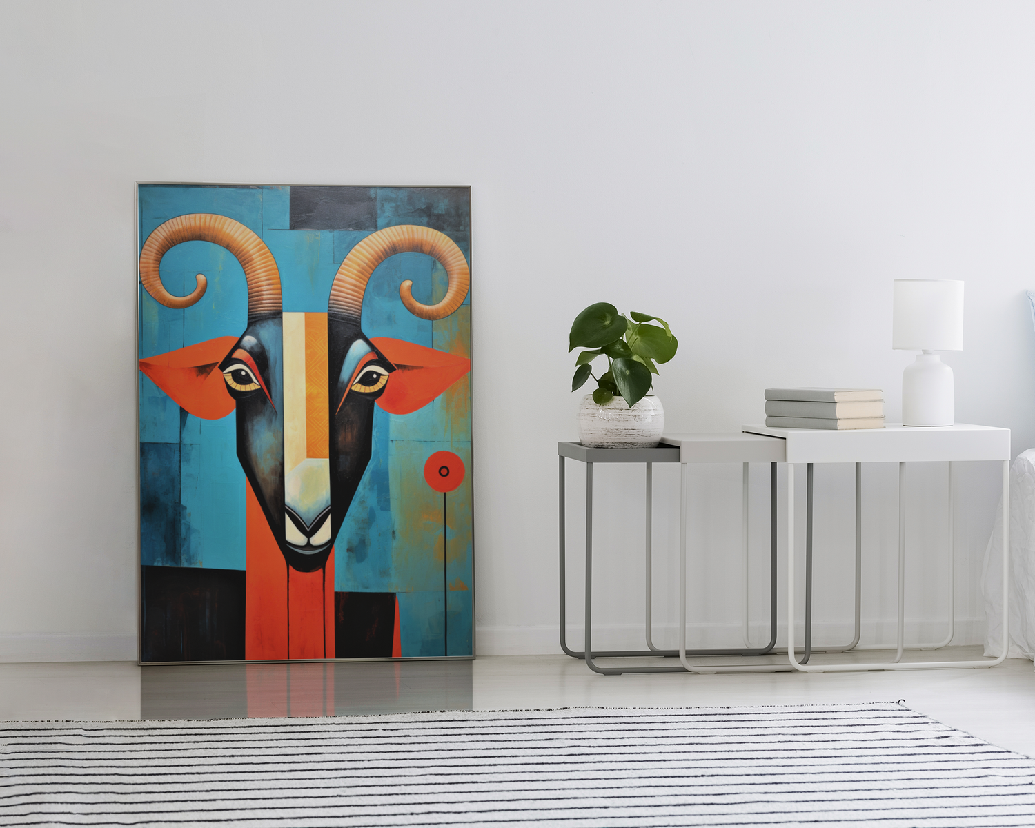 Twisted Horns Abstract Goat With Poppy Flower Wall Art