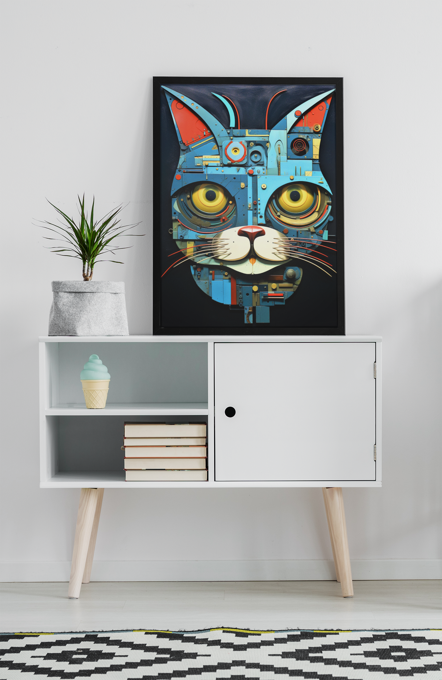 Blue Mechanical Cat Wall Art Design