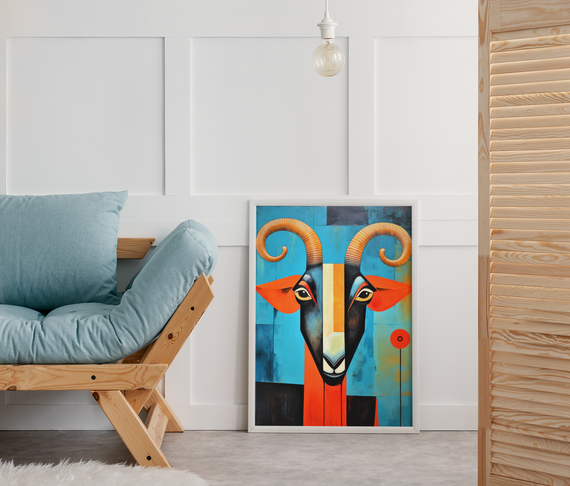 Twisted Horns Abstract Goat With Poppy Flower Wall Art